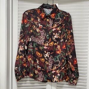 Muzaluci Burgundy Floral Button-Up Blouse – Size L – Long Sleeve Statement Top
